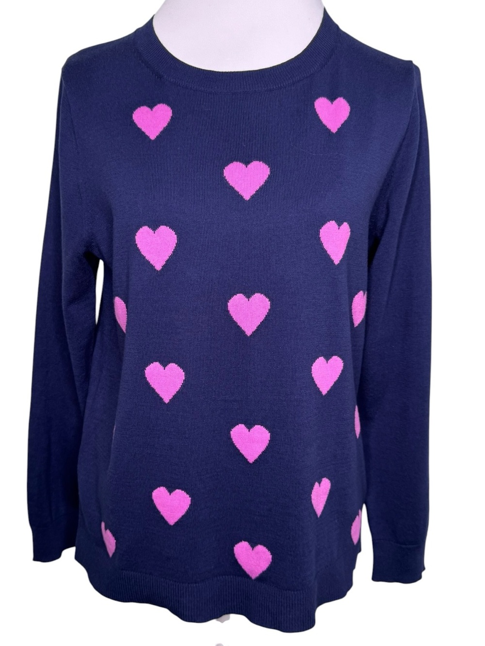 J.Crew Navy Pink Heart Sweater Pullover Knit Size Large